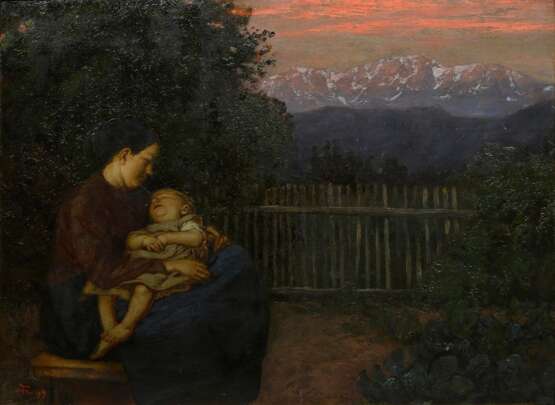 Thoma, Hans (1839-1924) "Mutter und Kind" 1899, Öl/Collage/Malpappe, u.l. sign./dat., verso Provenienzangabe "Helmut Goetz, Rom" (Kunsthistoriker, 1920-?), 53,5x69,5cm (m.R. 57,5x73,5cm), leichtes Cra… - photo 1