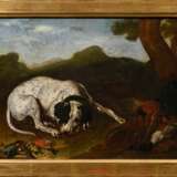 Unbekannter Künstler des 17./18.Jh. "Dalmatiner mit Jagdbeute", Öl/Leinwand, 26,3x35,6cm (m.R. 31x39,8cm), rest., Craquelé - photo 2