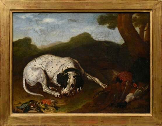 Unbekannter Künstler des 17./18.Jh. "Dalmatiner mit Jagdbeute", Öl/Leinwand, 26,3x35,6cm (m.R. 31x39,8cm), rest., Craquelé - photo 2