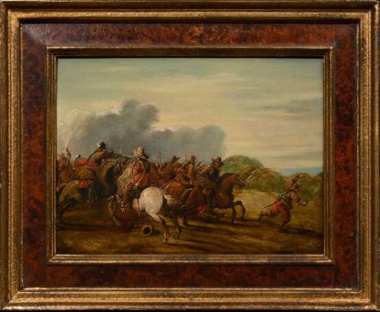 Stoffe, Jan Jansz. van der (1611-1682) zugeschrieben „Reiterschlacht“, Öl/Holz, 18,5x24,5cm (m.R. 28x34cm), rest. - photo 2