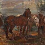 Sattler, Hermann (1892-1945) "Pferde und Reiter bei der Rast", Öl/Leinwand, u.r. sign., verso bez., 71x91cm (m.R. 85x105cm), Provenienz: Slg. Gustav Bürger/München - photo 1