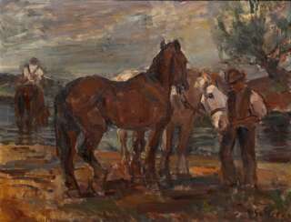 Sattler, Hermann (1892-1945) &quot;Pferde und Reiter bei der Rast&quot;, Öl/Leinwand, u.r. sign., verso bez., 71x91cm (m.R. 85x105cm), Provenienz: Slg. Gustav Bürger/München