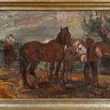 Sattler, Hermann (1892-1945) "Pferde und Reiter bei der Rast", Öl/Leinwand, u.r. sign., verso bez., 71x91cm (m.R. 85x105cm), Provenienz: Slg. Gustav Bürger/München - photo 2