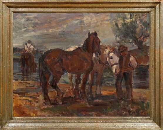 Sattler, Hermann (1892-1945) "Pferde und Reiter bei der Rast", Öl/Leinwand, u.r. sign., verso bez., 71x91cm (m.R. 85x105cm), Provenienz: Slg. Gustav Bürger/München - photo 2