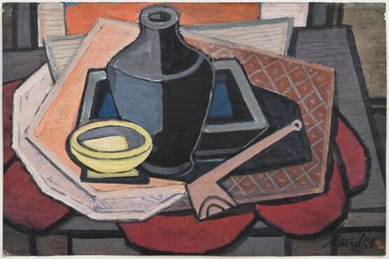 Maetzel, Emil (1877-1955) „Stillleben mit Vase und Pfeife“ 1948, Öl/Papier, u.r. sign./dat., auf Papier montiert, 31x47cm (38,8x52,8cm), Reißzweckenlöcher in den Ecken, Provenienz: direkt vom Künstler erworben, Sammlung … - photo 1
