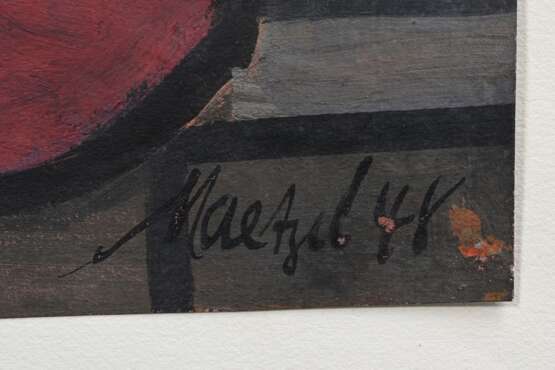 Maetzel, Emil (1877-1955) „Stillleben mit Vase und Pfeife“ 1948, Öl/Papier, u.r. sign./dat., auf Papier montiert, 31x47cm (38,8x52,8cm), Reißzweckenlöcher in den Ecken, Provenienz: direkt vom Künstler erworben, Sammlung … - photo 2