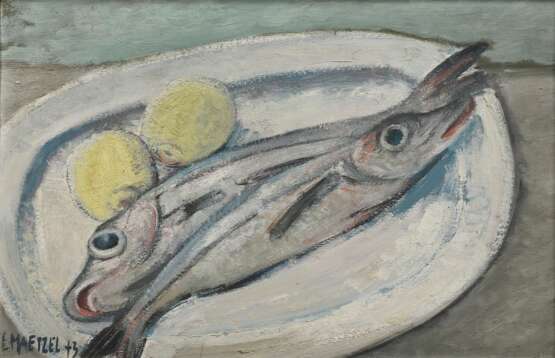 Maetzel, Emil (1877-1955) „Stillleben mit Fischen und Zitronen“ 1943, Öl/Malpappe, u.l. sign./dat., 39,5x58,5cm (m.R. 56x75,5cm), Provenienz: direkt vom Künstler erworben, Sammlung Gerhard Schack, Hamburg - фото 1