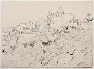 Bargheer, Eduard (1901-1979) &quot;Küstenlandschaft mit Kirche&quot; 1940, Tinte, verso: &quot;Selbstportrait-Studie&quot;, u.l. sign./dat., BM ca. 32,3x42,8cm, leicht fleckig, min. Randdefekte