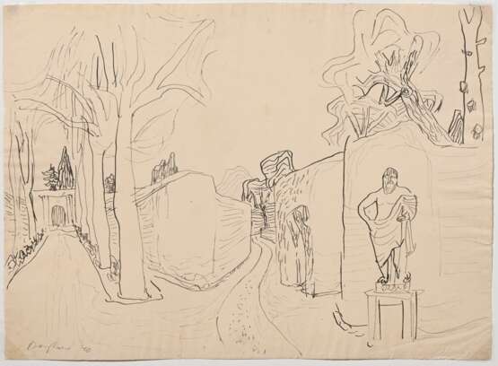 Bargheer, Eduard (1901-1979) "Wege mit Bäumen und Statue" 1940, Tinte, u.l. sign./dat., BM 32x43cm, leicht vergilbt, min. fleckig - photo 1