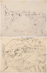 2 Bargheer, Eduard (1901-1979) &quot;Landschaft mit Berg&quot; und &quot;Küstenlandschaft mit aufgewühltem Meer&quot; 1947/1949, je u. sign./dat., je ca. 22x28cm, 1x kleine Loch (~Ø 0,8cm), leicht vergilbt, fleckig