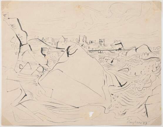 2 Bargheer, Eduard (1901-1979) "Landschaft mit Berg" und "Küstenlandschaft mit aufgewühltem Meer" 1947/1949, je u. sign./dat., je ca. 22x28cm, 1x kleine Loch (~Ø 0,8cm), leicht vergilbt, fleckig - photo 6