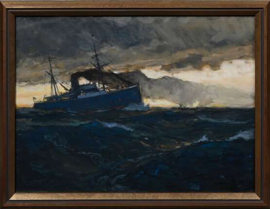 Bartels, Hans von (1856-1913) „Transatlantik“ 1902, Gouache, u.r. sign./dat., verso bez./betit./dat., 34x47cm (m.R. 38,3x51,3cm), min. Defekte der Maloberfläche - Foto 2