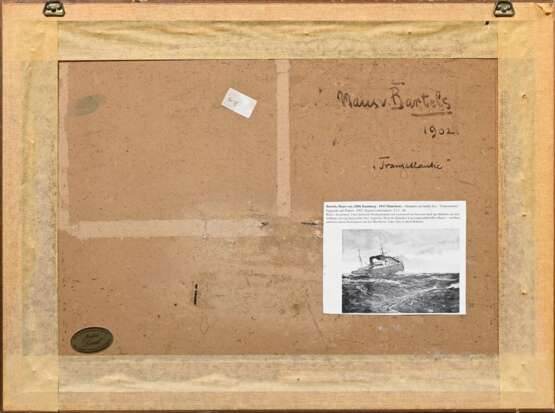Bartels, Hans von (1856-1913) „Transatlantik“ 1902, Gouache, u.r. sign./dat., verso bez./betit./dat., 34x47cm (m.R. 38,3x51,3cm), min. Defekte der Maloberfläche - Foto 4