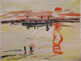 Behrend, Rudolf (1895-1979) &quot;Schiff bei Sonnenuntergang&quot; 1954, Aquarell, u.l. monogr./dat., BM 52,5x69,5cm, min. Altersspuren