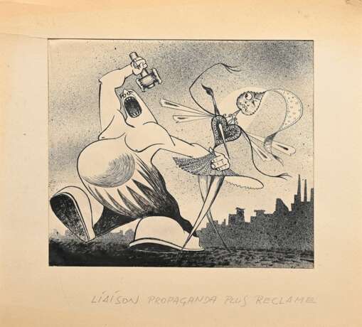 Borelli, Tulio (frühes 20.Jh.) "Liaison Propaganda plus Reclame", Tinte, u. betit., verso bez., im Passepartout montiert, BM 31,5x33,8cm (m.PP. 40x44,3cm), leichte Altersspuren, Provenienz: Slg. Gustav Bürger/ … - photo 2