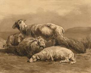 Brissot de Warville, Félix Saturnin (1818-1892) &quot;Ruhende Schafe&quot; 1862, Tusche, u.l. monogr./dat., BM 18,2x21,7cm (m.R. 36x50,5cm)