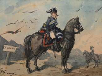 Chéret, Jules (1836-1932) „Reiter in Uniform bei Toulon“, Aquarell, u.l. sign., 15x20cm (m.R. 41x51,3cm)