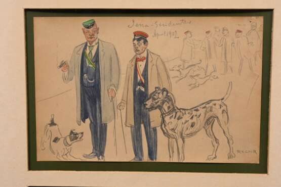 Christiansen, Rasmus (1863-1940) „Studenten und Militär“ 1902, Bleistift/Aquarell, 3 Zeichnungen in einem Rahmen, je sign./bez./dat., je 10,2x15,8cm (m.R. 45,5x24,5cm), kleine Defekte - photo 3