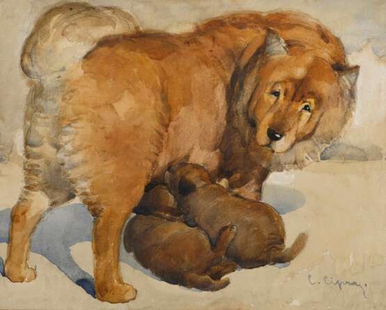 Cipra, Jean Camille (1893-1952) "Chow-Chow zwei Welpen säugend", Aquarell/Bleistift, u.r. sign., 18,3x22,2cm (m.R. 29,5x35cm), min. fleckig - Foto 1
