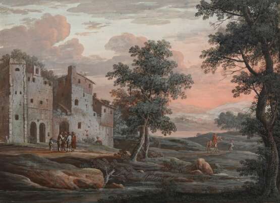 Dietzsch, Johann Christoph (1710-1769) "Flusslandschaft im Abendlicht", Gouache, BM 17x22,5cm (m.R. 30x35cm), verso Montagereste - Foto 1