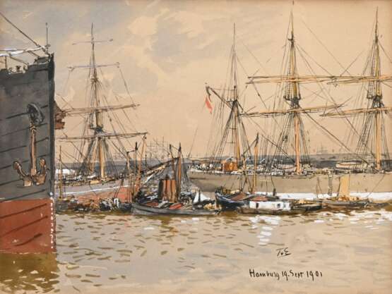 Eckenbrecher, Themistokles von (1842-1921) „Hamburger Hafen“ 1901, Tinte/Aquarell, u.r. monogr./dat., 22,5x29,8cm (m.R. 40,5x47,5cm), leicht vergilbt - Foto 1