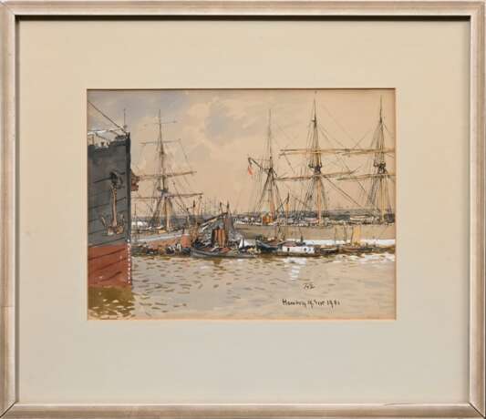 Eckenbrecher, Themistokles von (1842-1921) „Hamburger Hafen“ 1901, Tinte/Aquarell, u.r. monogr./dat., 22,5x29,8cm (m.R. 40,5x47,5cm), leicht vergilbt - Foto 2
