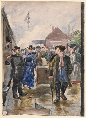 Eitner, Ernst (1867-1955) „Auf dem Bahnsteig“, Aquarell, verso Echtheitsbestätigung durch Marie Wolters, 29,2x21cm (m.R. 42,5x34cm), Reißzweckenlöcher in den Ecken - photo 1