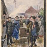 Eitner, Ernst (1867-1955) „Auf dem Bahnsteig“, Aquarell, verso Echtheitsbestätigung durch Marie Wolters, 29,2x21cm (m.R. 42,5x34cm), Reißzweckenlöcher in den Ecken - photo 1