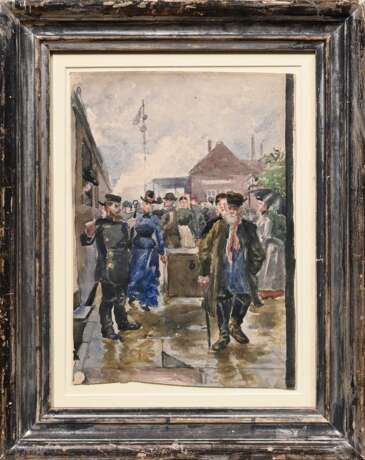 Eitner, Ernst (1867-1955) „Auf dem Bahnsteig“, Aquarell, verso Echtheitsbestätigung durch Marie Wolters, 29,2x21cm (m.R. 42,5x34cm), Reißzweckenlöcher in den Ecken - photo 2