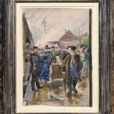 Eitner, Ernst (1867-1955) „Auf dem Bahnsteig“, Aquarell, verso Echtheitsbestätigung durch Marie Wolters, 29,2x21cm (m.R. 42,5x34cm), Reißzweckenlöcher in den Ecken - photo 2