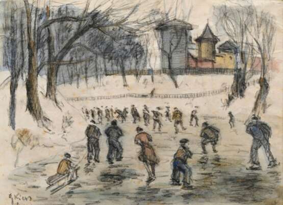 Kiers, George Laurens (1838-1916) "Eisvergnügen", Kohle/Aquarell, u.l. sign., 20x27cm (m.R. 42,5x54cm), leicht fleckig - photo 1