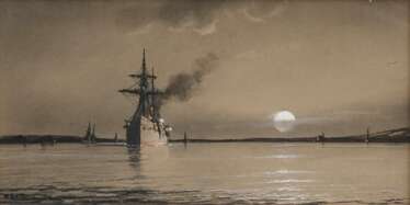 Leitner, Heinrich (1842-1913) „Auslaufendes Kriegsschiff im Mondschein“ 1910, Pastell/Kohle laviert, u.l. sign./dat., 21,5x41,5cm (m.R. 26,5x46,5cm)