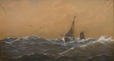 Leitner, Heinrich (1842-1913) „Logger bei bewegter See“ 1904, Aquarell/Bleistift, u.l. sign./dat., verso auf Klebeetiketten bez./betit., 41,x77cm (m.R. 51x86cm), gebräunt, o.r. Riss