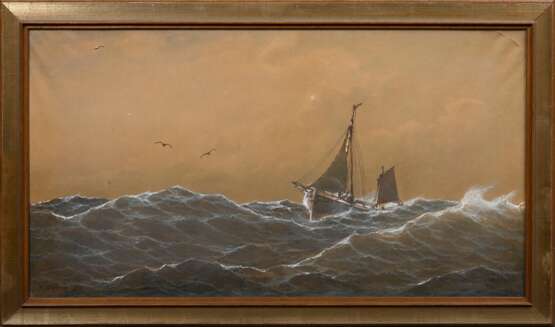 Leitner, Heinrich (1842-1913) „Logger bei bewegter See“ 1904, Aquarell/Bleistift, u.l. sign./dat., verso auf Klebeetiketten bez./betit., 41,x77cm (m.R. 51x86cm), gebräunt, o.r. Riss - photo 2
