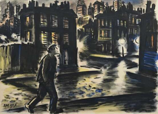 Masereel, Frans (1889-1972) "Spaziergang bei Nacht" 1957, Aquarell, u.l. monogr./dat., 47x62,8cm (m.R. 69,5x83cm), o. kleiner Riss (~3,5cm) - photo 1
