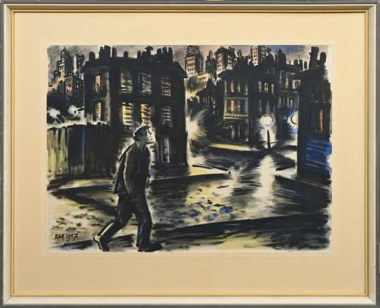 Masereel, Frans (1889-1972) "Spaziergang bei Nacht" 1957, Aquarell, u.l. monogr./dat., 47x62,8cm (m.R. 69,5x83cm), o. kleiner Riss (~3,5cm) - photo 2