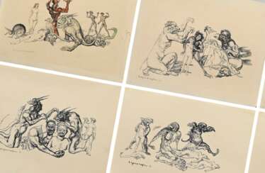 10 Mayrshofer, Max (1875-1950) &quot;Groteske und Albträume&quot;, Tinte, 1x aquarelliert, je sign., BM 23,5x30cm, z.T. Montagereste und fleckig, Altersspuren, Provenienz: Slg. Gustav Bürger/München