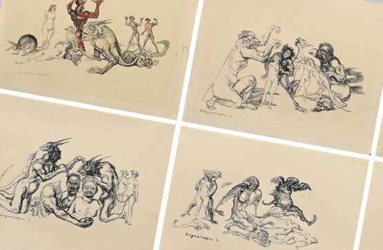 10 Mayrshofer, Max (1875-1950) "Groteske und Albträume", Tinte, 1x aquarelliert, je sign., BM 23,5x30cm, z.T. Montagereste und fleckig, Altersspuren, Provenienz: Slg. Gustav Bürger/München - photo 1