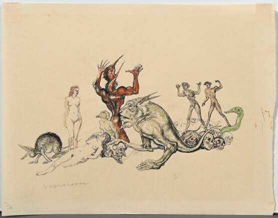 10 Mayrshofer, Max (1875-1950) "Groteske und Albträume", Tinte, 1x aquarelliert, je sign., BM 23,5x30cm, z.T. Montagereste und fleckig, Altersspuren, Provenienz: Slg. Gustav Bürger/München - photo 4
