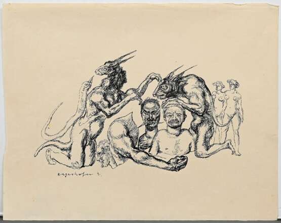 10 Mayrshofer, Max (1875-1950) "Groteske und Albträume", Tinte, 1x aquarelliert, je sign., BM 23,5x30cm, z.T. Montagereste und fleckig, Altersspuren, Provenienz: Slg. Gustav Bürger/München - photo 5