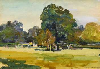 Mayrshofer, Max (1875-1950) &quot;Parkszene&quot;, Aquarell, u.r. sign., 12,2x13,5cm (m.R. 30x36,8cm), Provenienz: Slg. Gustav Bürger/ München