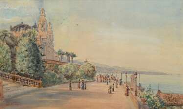 Pastina, Guiseppe (1863-1942) &quot;Casino Monte Carlo in Monaco&quot;, Aquarell, u.l. sign., verso bez., 28x45,5cm (m.R. 50x68cm), min. fleckig