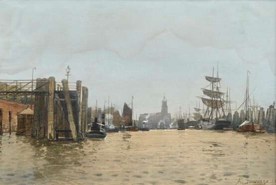 Schwinge, Friedrich Wilhelm (1852-1913) "Hamburger Hafen" 1929, Aquarell, u.r. sign./dat., verso Klebeetikett "Kunsthandlung Commeter", 26x36cm (m.R. 36x46,5cm), Wasserschaden oben - photo 1