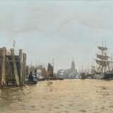 Schwinge, Friedrich Wilhelm (1852-1913) "Hamburger Hafen" 1929, Aquarell, u.r. sign./dat., verso Klebeetikett "Kunsthandlung Commeter", 26x36cm (m.R. 36x46,5cm), Wasserschaden oben - photo 1