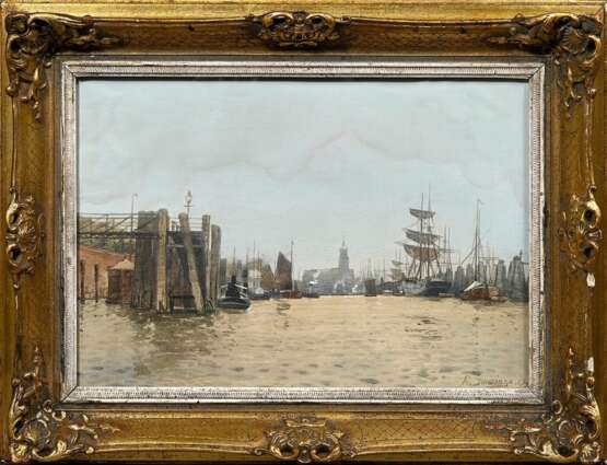 Schwinge, Friedrich Wilhelm (1852-1913) "Hamburger Hafen" 1929, Aquarell, u.r. sign./dat., verso Klebeetikett "Kunsthandlung Commeter", 26x36cm (m.R. 36x46,5cm), Wasserschaden oben - photo 2