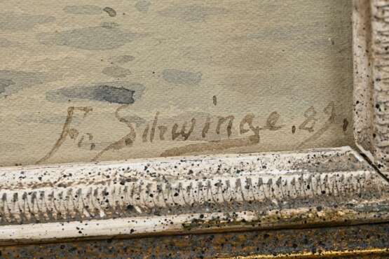 Schwinge, Friedrich Wilhelm (1852-1913) "Hamburger Hafen" 1929, Aquarell, u.r. sign./dat., verso Klebeetikett "Kunsthandlung Commeter", 26x36cm (m.R. 36x46,5cm), Wasserschaden oben - photo 3