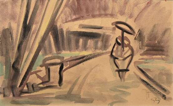 Tollmann, Günther (1926-1990) "Frauen im Park" 1953, Tempera/Papier, u.r. monogr./dat., verso bez., 21,5x35cm (m.R. 50x61cm), u.l. kleine Knickspur - photo 1