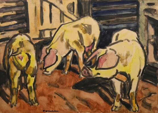 Winkler, Fritz (1894-1964) „Drei Schweine im Stall“, Aquarell, u. sign., freigestellt gerahmt, 43x59,5cm (m.R. 61,5x81,5cm) - photo 2
