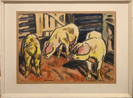 Winkler, Fritz (1894-1964) „Drei Schweine im Stall“, Aquarell, u. sign., freigestellt gerahmt, 43x59,5cm (m.R. 61,5x81,5cm) - photo 3