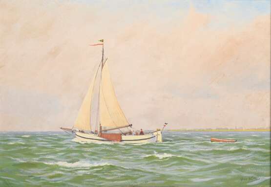 Wolters, Geo (1866-1943) "Plattbodenschiff in frischer Brise", Aquarell/Gouache, u.r. sign., 35x50cm (m.R. 39x54cm), leicht fleckig - photo 1
